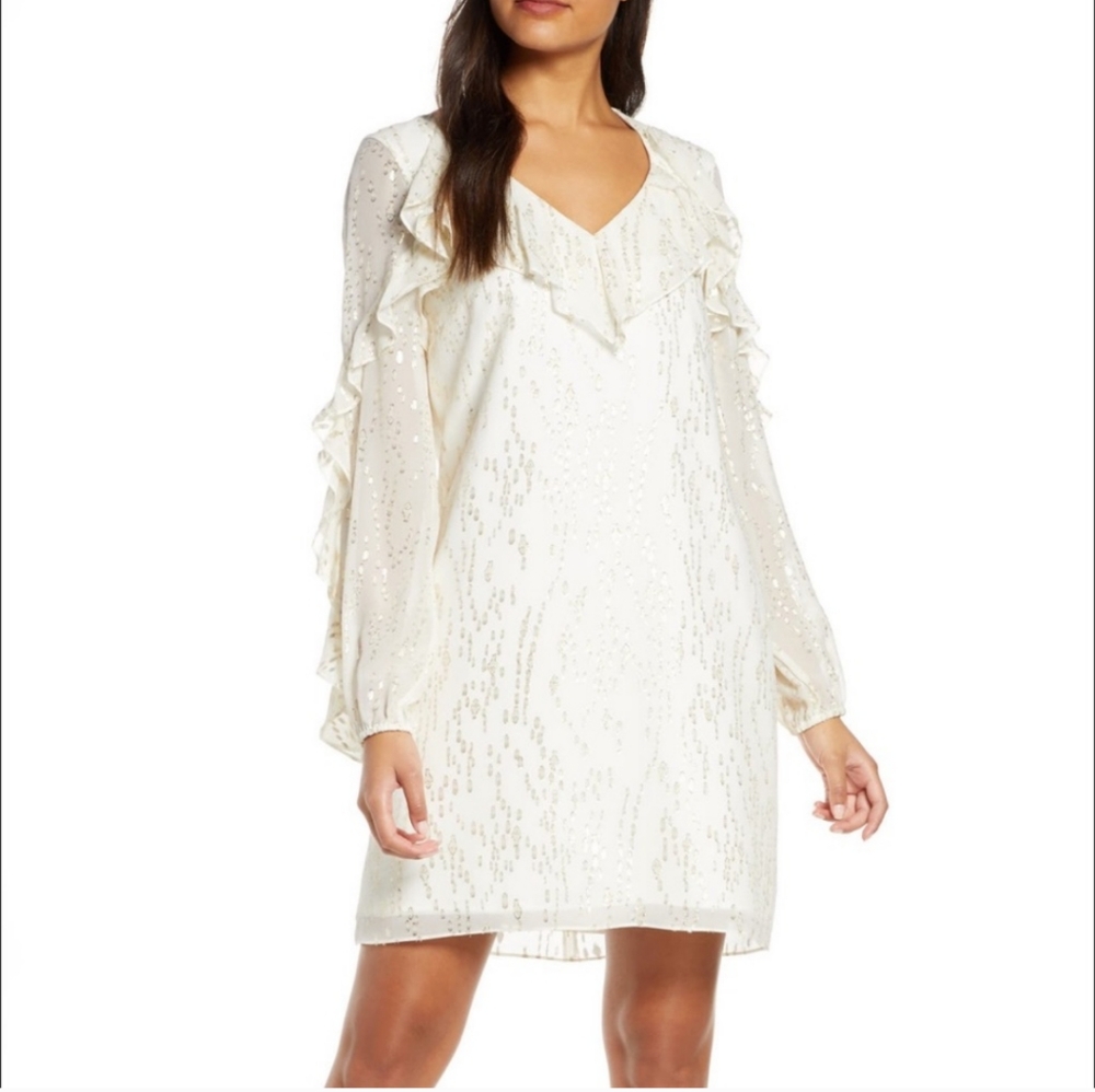 Lilly Pulitzer Cream Sequin Ruffle Long-Sleeve Shift Dress